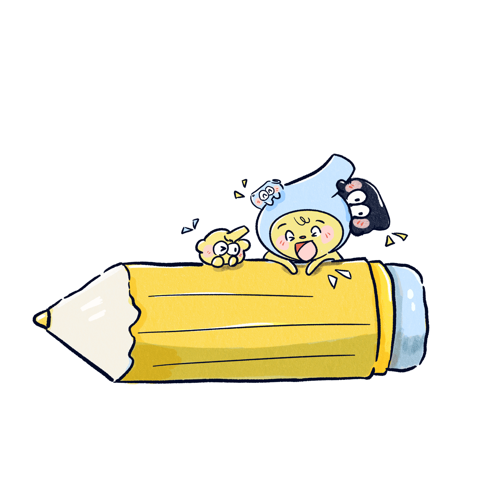 Tygo and the Tiny Friends riding on a yellow pencil