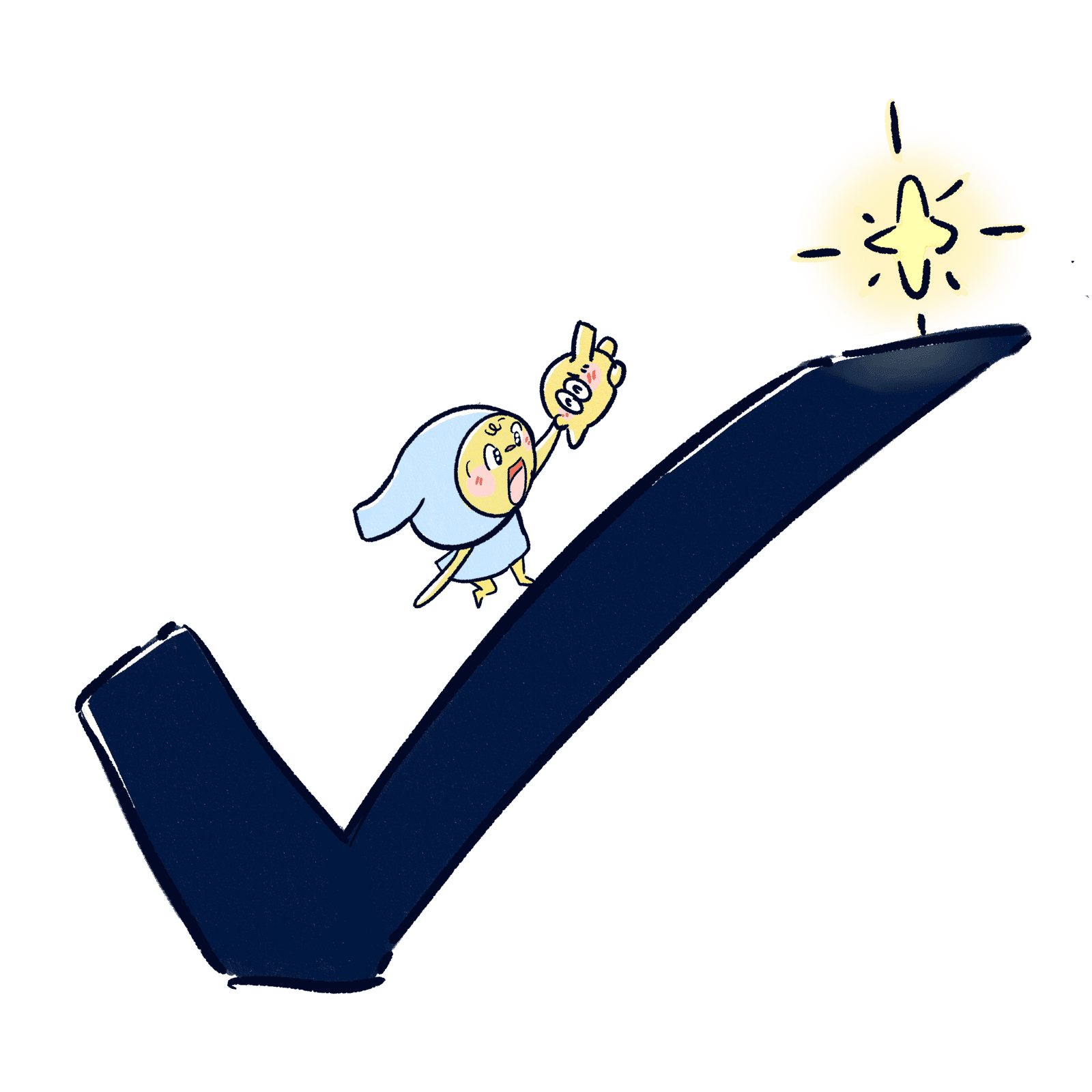 Tygo and Tyk reaching a shining goal at the top of a check mark