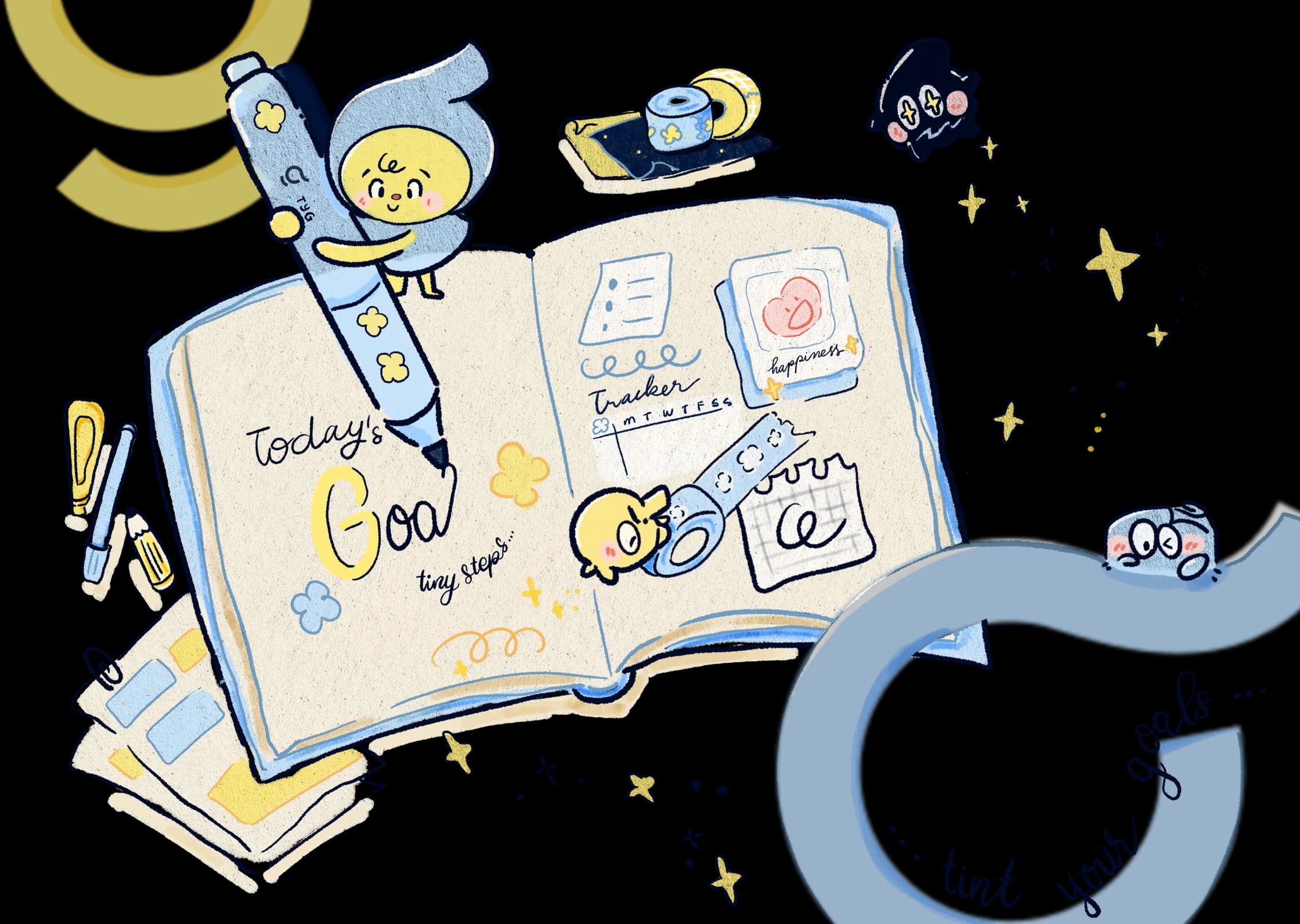 Open notebook sketch with creative goal planning doodles