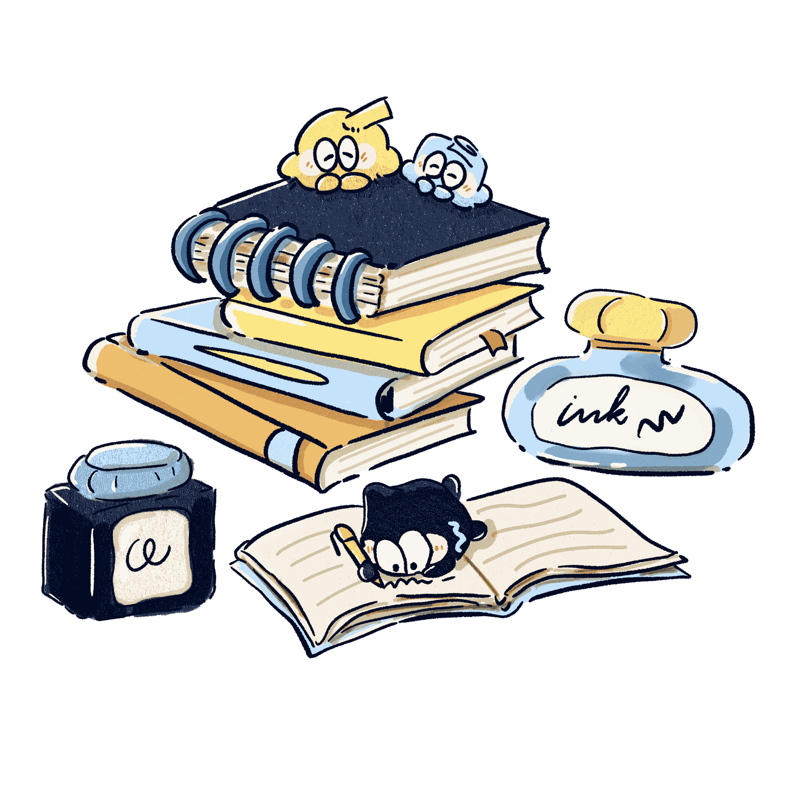 Sketch of books, ink bottle, and creative journaling characters
